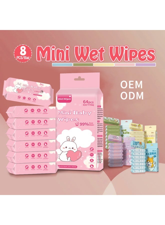 مناديل مبللة للأطفال – ميني 8 قطع/عبوة (الإجمالي 8 عبوات) مغلفة بشكل فردي، تحتوي على 99% ماء نقي، لطيفة على البشرة، مضادة للحساسية، صديقة للبيئة، ومثالية لحديثي الولادة وللاستخدام أثناء التنقل. - Image 5